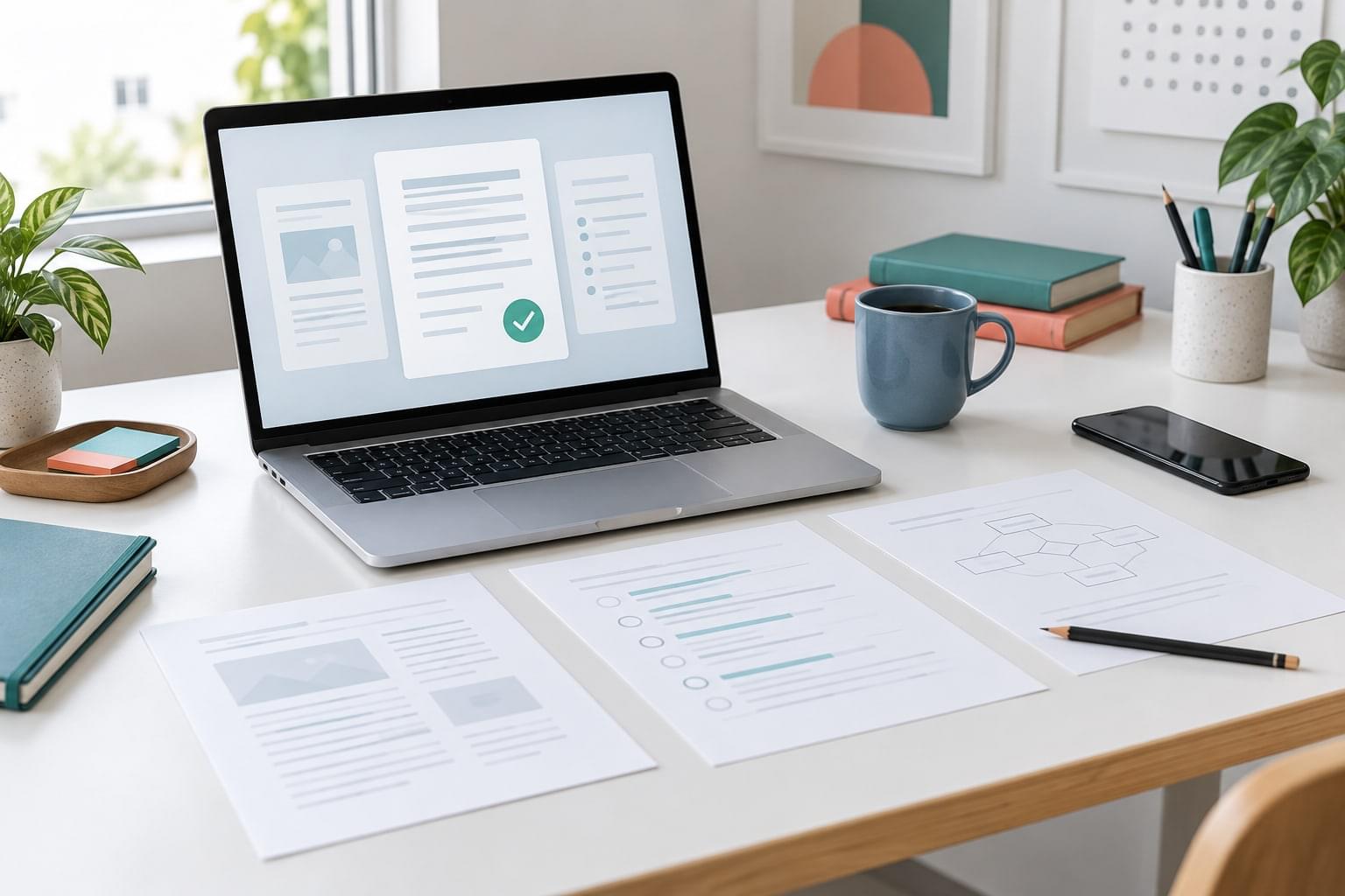 Illustration of a laptop and documents prepared for review