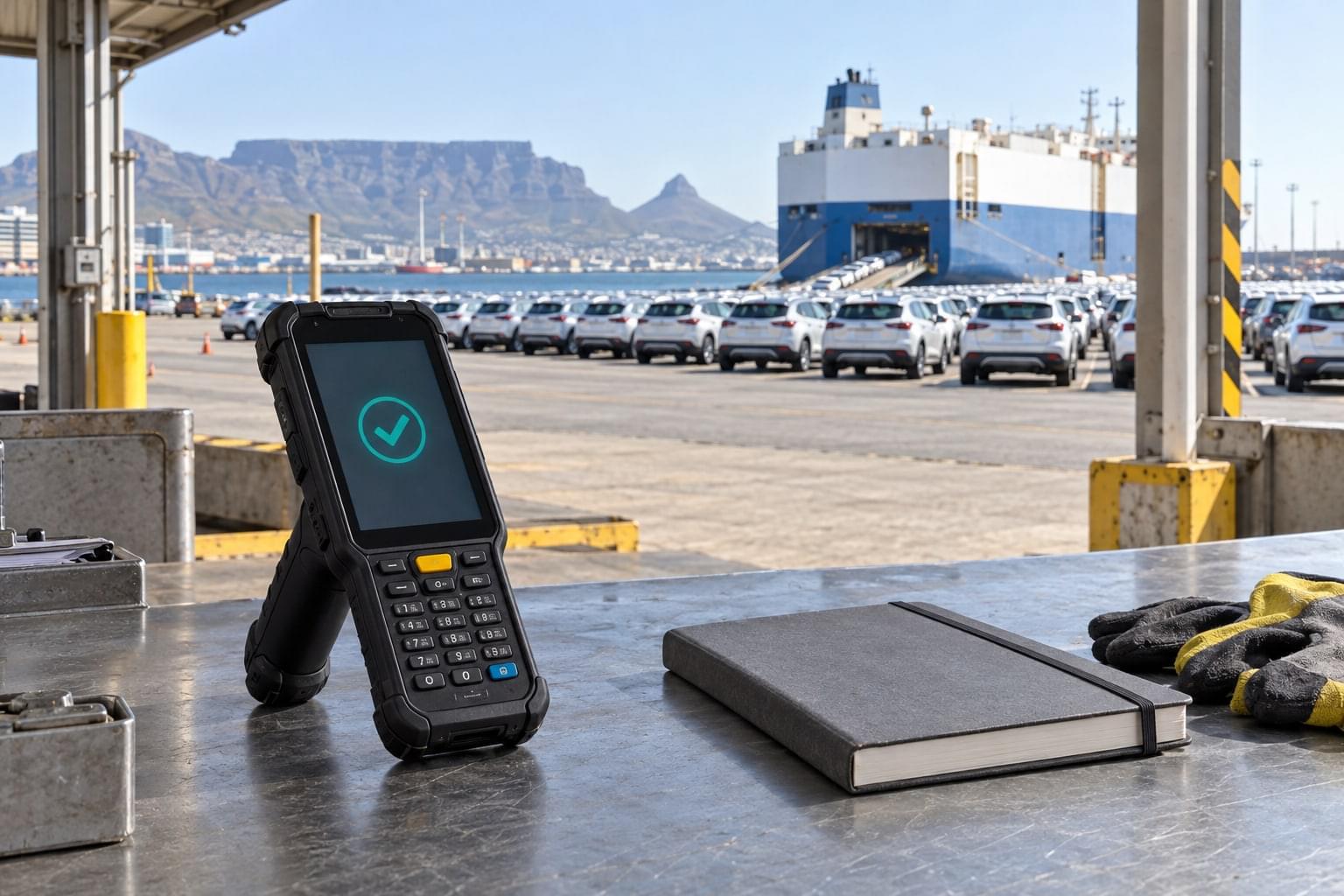 Illustration of a rugged handheld scanner at a vehicle terminal